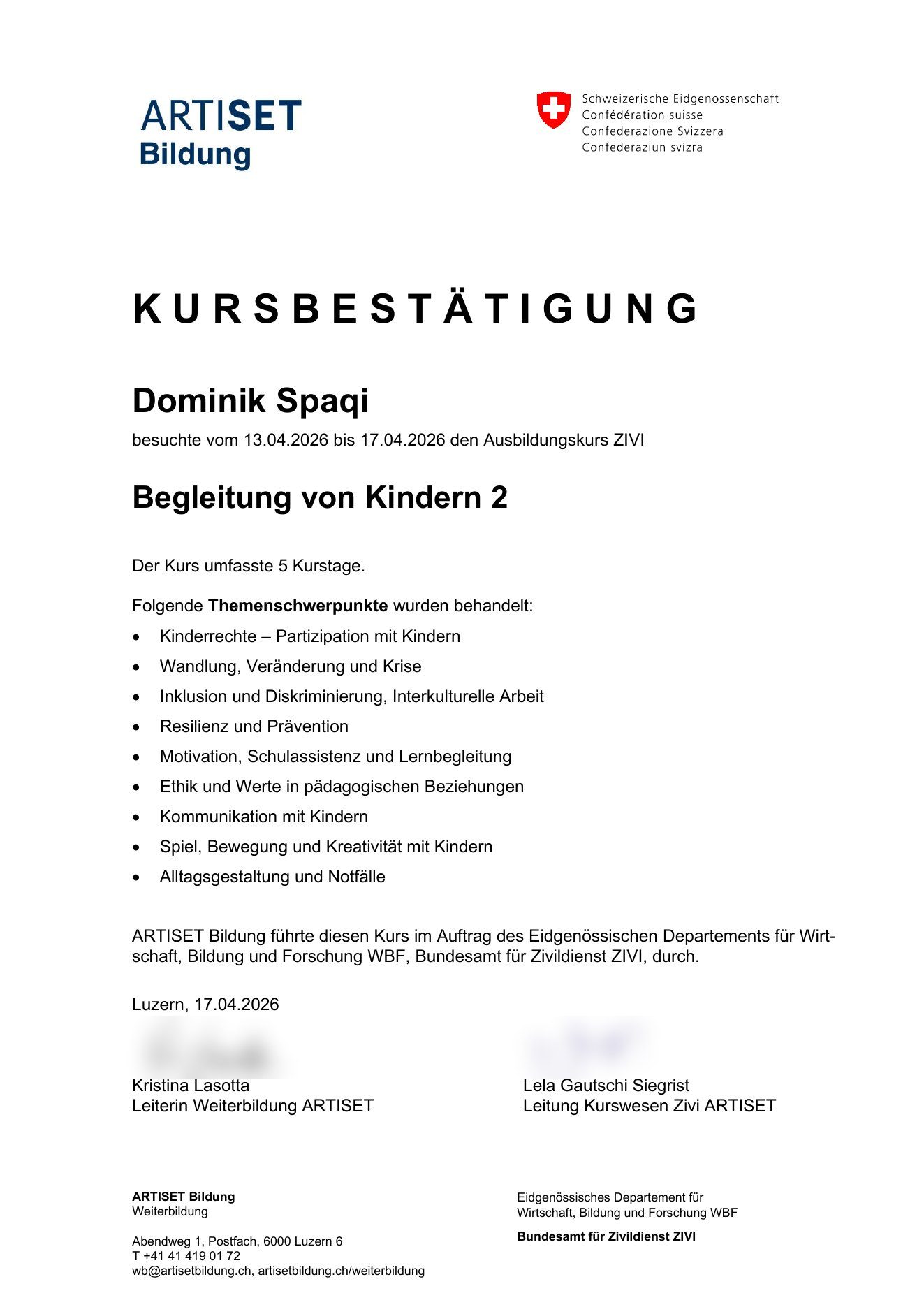 Kursbestätigung Begleitung von Kindern 2, Dominik Spaqi