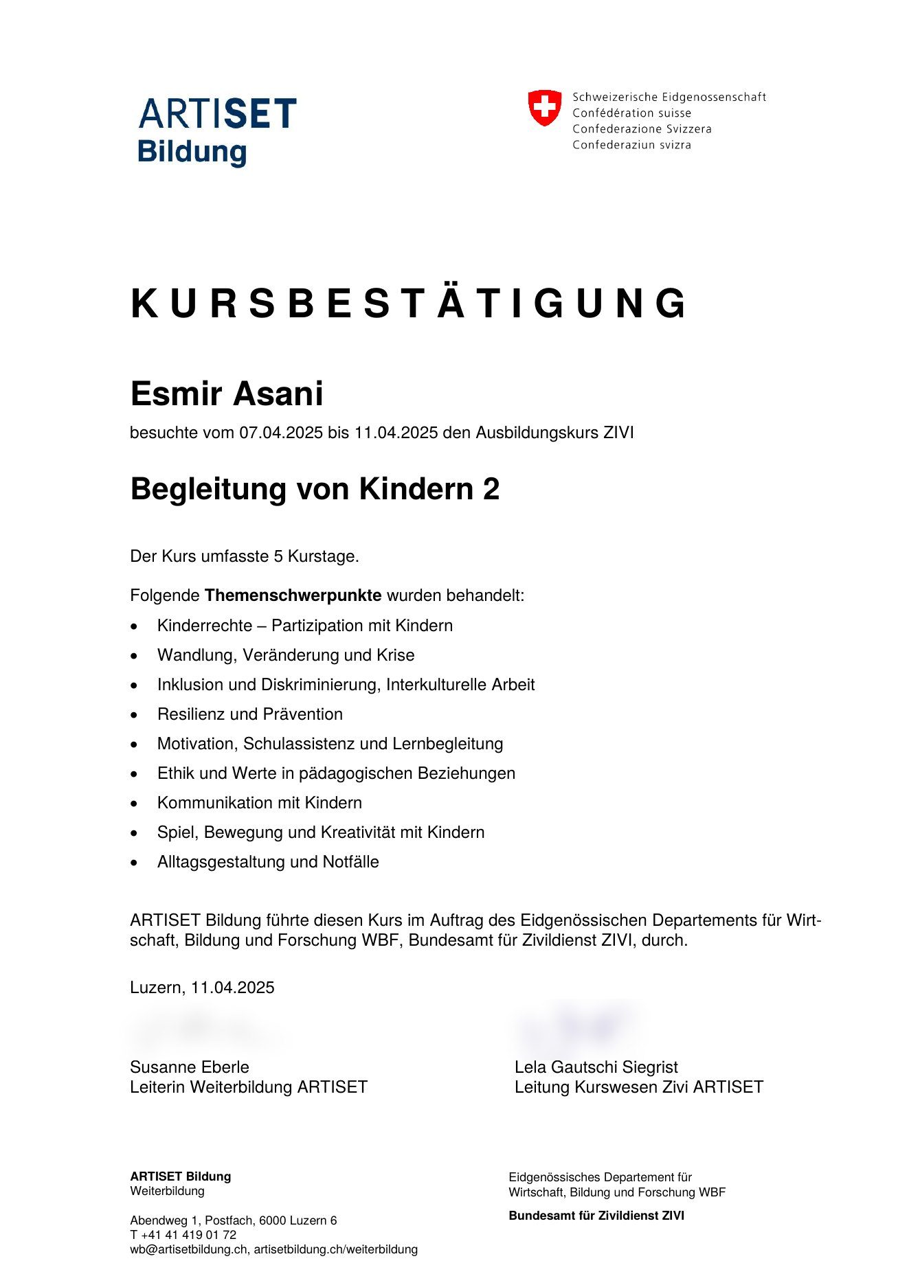 Kursbestätigung Begleitung von Kindern 2, Esmir Asani